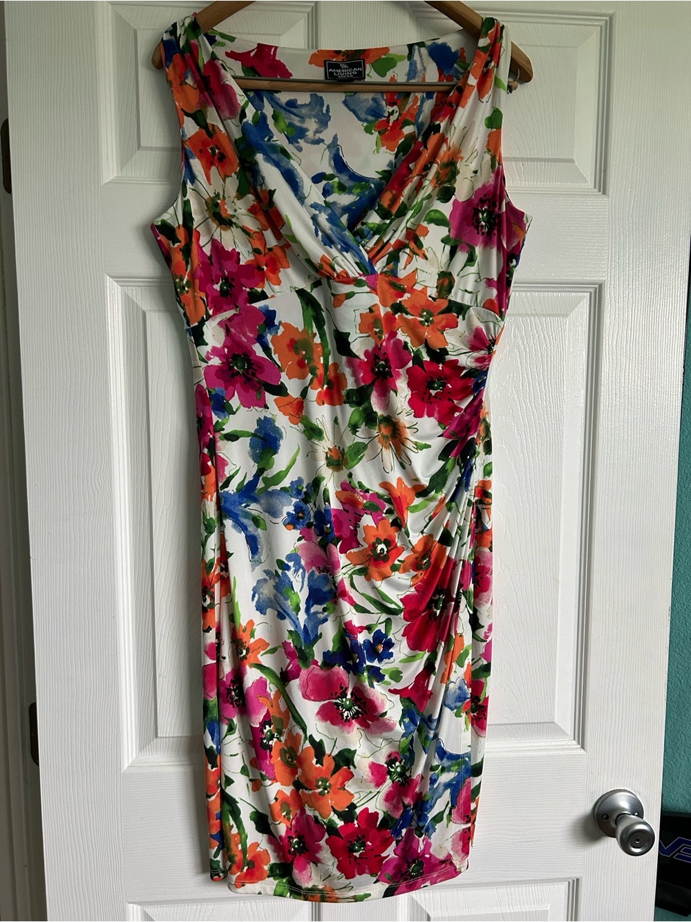 American Living White Floral Midi Dress with Pink, Orange, Blue & Green